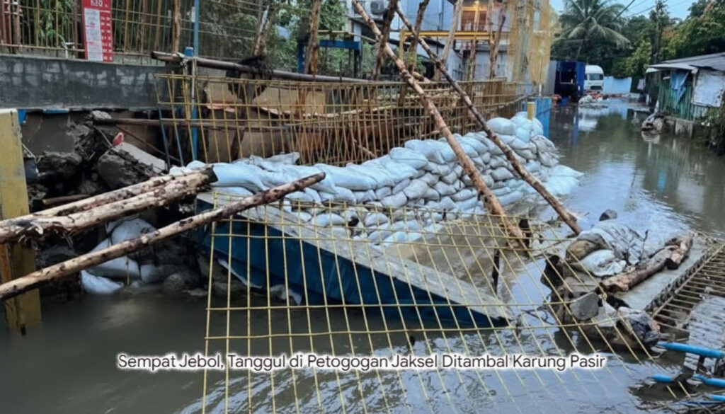 Tanggul Petogogan Jebol, Perbaikan Darurat dengan Karung Pasir Dilakukan
