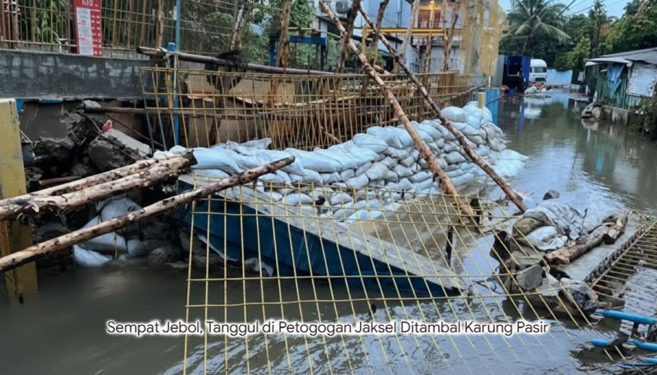Tanggul Petogogan Jebol, Perbaikan Darurat dengan Karung Pasir Dilakukan